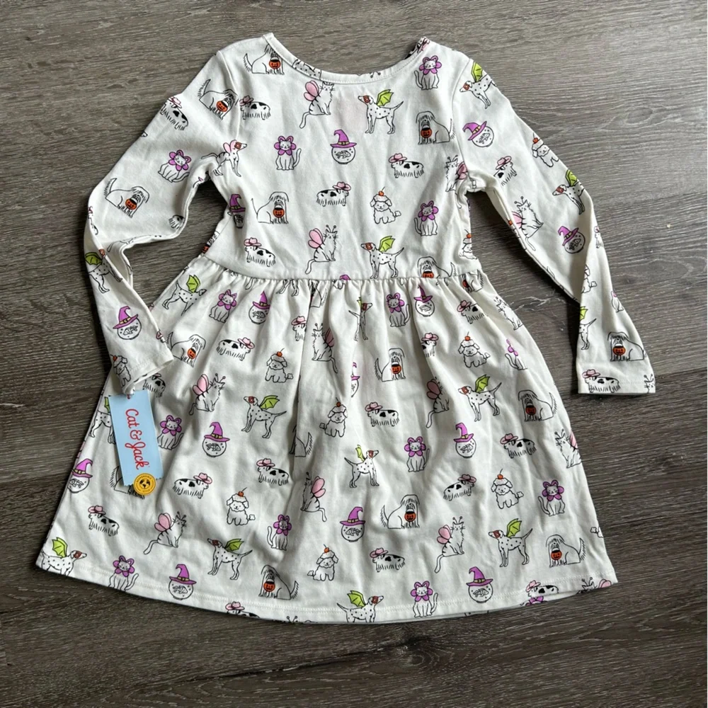 NWT Kids Girls 5T Cat & Jack Halloween Dog Cat Long Sleeve Cotton Blend Dress